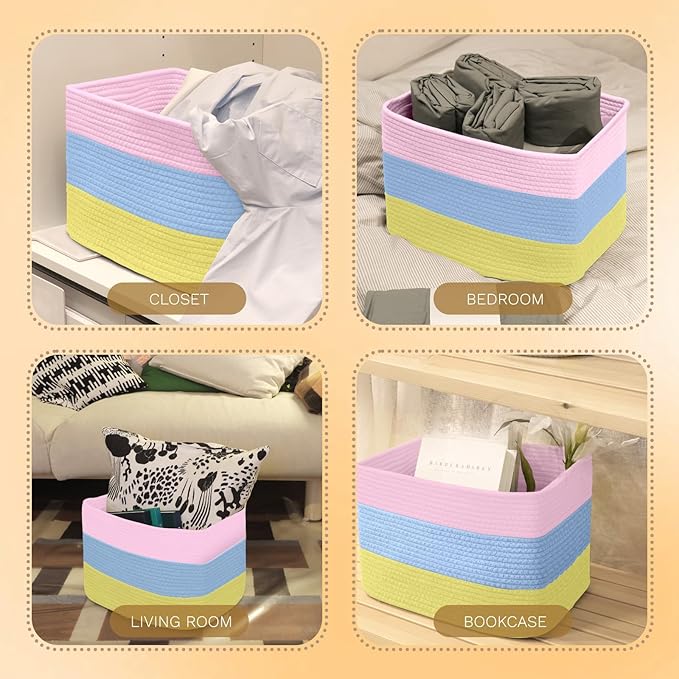 Hopegiver Woven Storage Baskets 15x11x10 Inch, 1 Pack Collapsible Cube Storage Bin for Shelves - Foldable Cotton Rope Organizer Bins for Towels, Toys, Books, Closet, Nursery (Pink Blue Yellow)