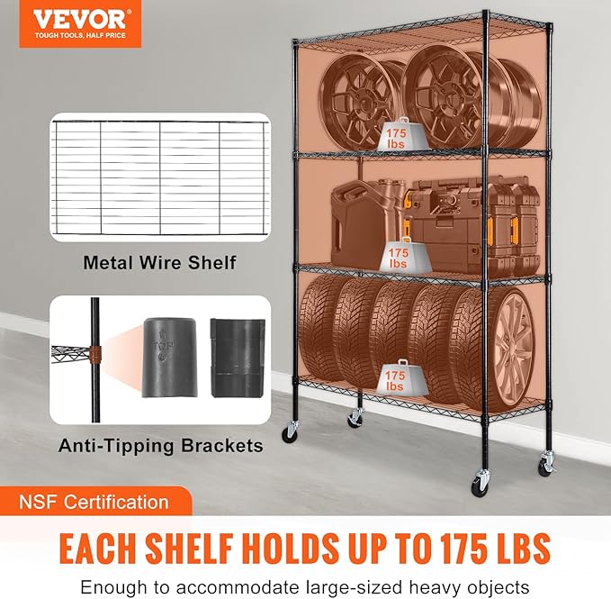 VEVOR Storage Shelving Unit, 4-Tier Adjustable Storage Shelves, 48" L x 18" W x 74" H Garage Storage Shelves, Metal Shelves with Wheels for Kitchen Pantry Basement Bathroom Laundry