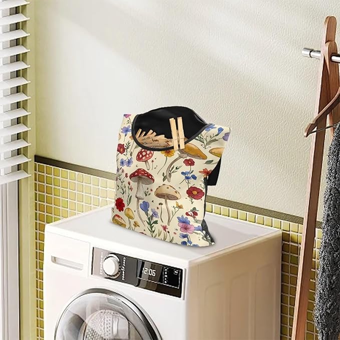 Mushroom Clothespin Bag with Hanging Hook - 12 x 14.6 Inch Waterproof Laundry Clothespin Holder