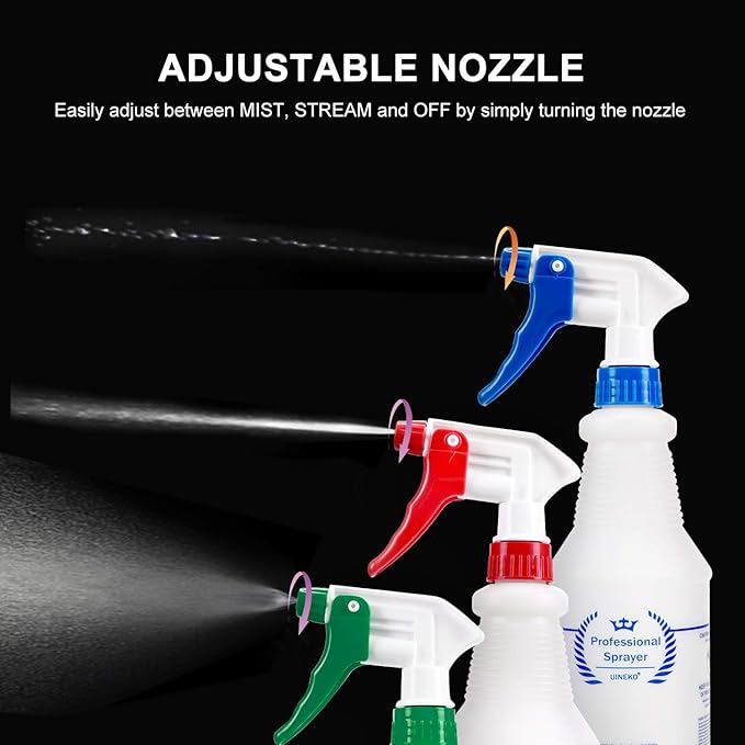 Plastic Spray Bottle (3 Pack, 32 Oz, 3 Colors) Heavy Duty All-Purpose Empty Spraying Bottles Leak Proof Commercial Mist Water Bottle for Cleaning Solutions Plants Pet with Adjustable Nozzle