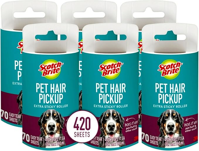 Scotch-Brite Pet Hair Pickup Extra Sticky Lint Roller, Designed for Removing Fur + Fluff on Couches, Clothes, Dog and Cat Beds, & More, 6 Pack, 420 Easy-Tear Adhesive Sheets Total