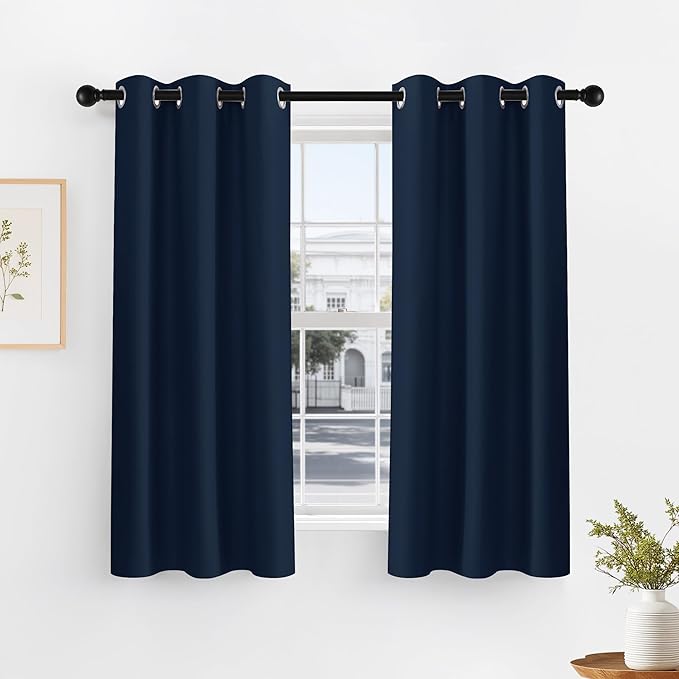 PONY DANCE Nave Blue Short Curtains for Small Window, Blackout Thermal Insulating Drapes for Home Theatre Bathroom Kitchen Basement Cafe RV Camper Windows Blinds, Wide 42 x Long 40, 1 Pair