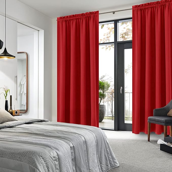 DWCN Christmas Blackout Curtains Room Darkening Thermal Insulated Bedroom Curtains Window Curtain Panels, 52 x 84 inches Long, Set of 2 Red Rod Pocket Drapes