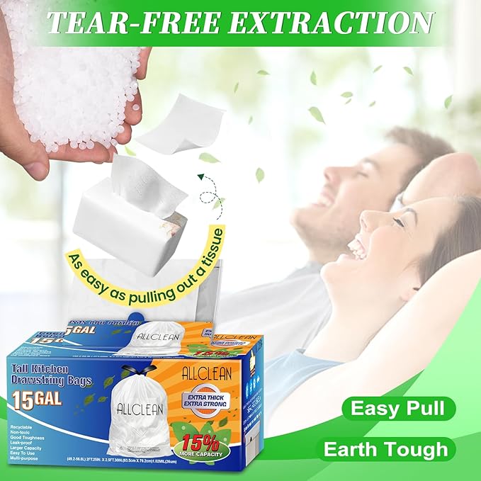 Trash Bags 15 Gallon Tall Kitchen Drawstring Garbage Bags,Fit 13-15 Gal Bins,Extra Strong&Leak-Proof,Unscented&Recyclable Trash Can Liners for Home Office Industrial Bathroom Garden Lawn