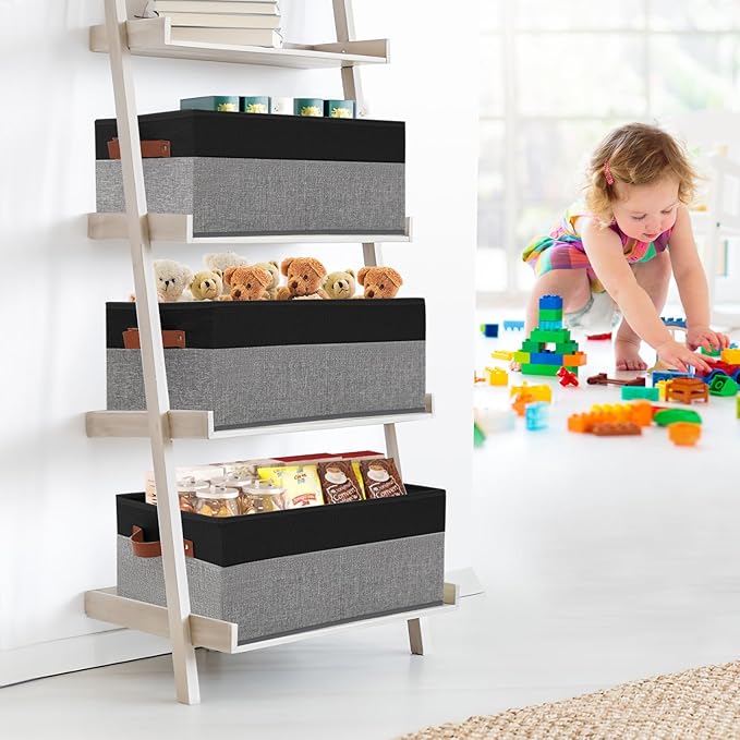 3 Pack Large Capacity Storage Bins Closet Organizer for Shelves, Fabric Closet Storage Baskets Boxes with Leather Handles for Organizing Clothes, Sheets, Jeans, Toys, Books (Black and Grey)