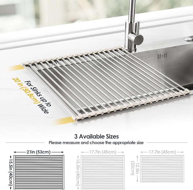 Tomorotec 21" x 15.5" Roll Up Dish Drying Rack Over Sink Drying Rack Sink Cover Kitchen Sink Accessories Gadget Multipurpose Organizer Foldable Stainless Steel Drainer