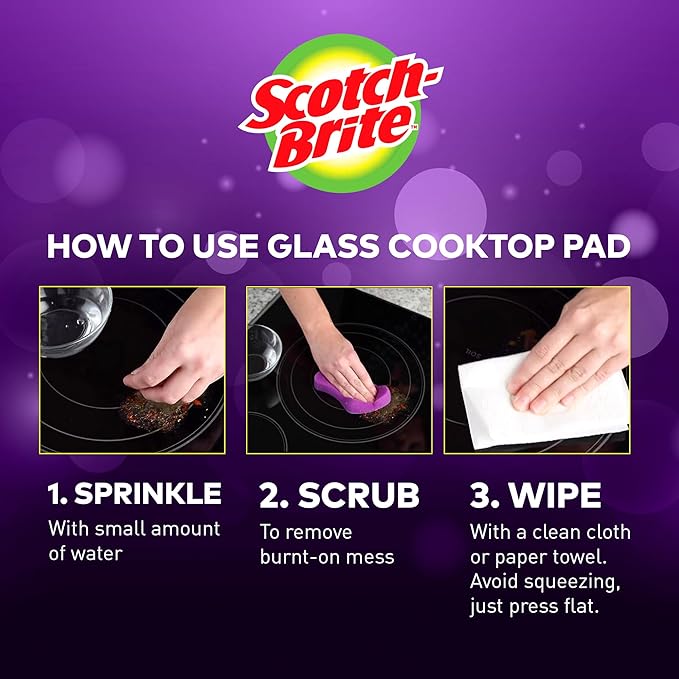 Scotch-Brite Glass Cooktop Pads, Scratch-Free & Non-Abrasive Scrubbers for Glass or Ceramic Stovetops, Cleans Burnt-On Messes with Just Water, Reusable Dishwasher-Safe Design (6 Pads)