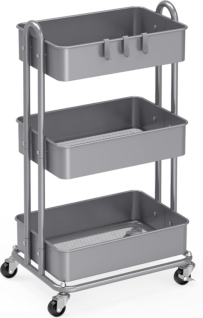 Simple Houseware 3-Tier Heavy Duty Metal Utility Rolling Cart, Silver