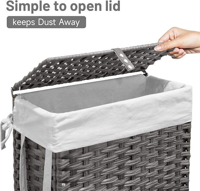 70L Slim Laundry Hamper with Lid & Wheels, 2-Park Rolling Laundry Basket with 4 Removable Liner Bags & 3 Mesh Bags, Narrow Dirty Clothes Basket, Foldable Handwoven Rattan Laundry Sorter, Grey