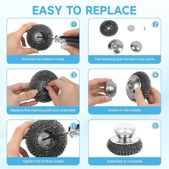 6Pcs Steel Wool Scrubber, Stainless Steel Scrubber with Handle for Cleaning Kitchen and Household Stubborn Messes from Stoves Pans Pots Grill Sink with Replacement Wire Brush Set (3 Pcs+3 Replacement)