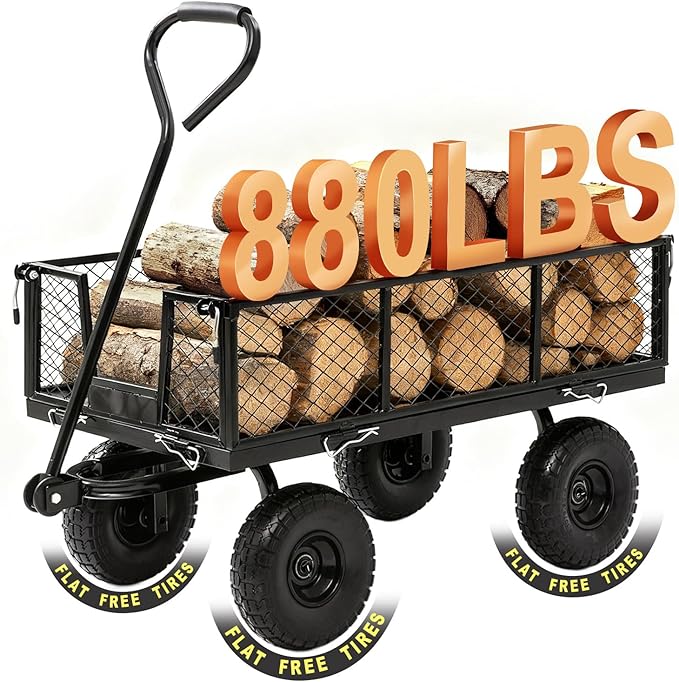 Garden Wagon Cart Heavy Duty 880 LBS Steel Utility Cart with All-Terrains 3.50-4" Solid Wheels 10" Tires, 180° Rotating Handle, Removable Sides, Laser-Welded Frame & Multi-Surface