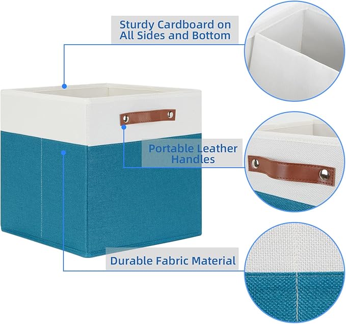 Temary Cube Storage Bins Storage Cube Bins for Home, 4 Pack Fabric Storage Bins for Organization, Storage Cubes 13x13 Cube Baskets with Leather Handles (White&Teal)