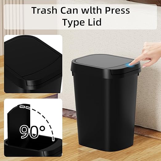 3 Pack Bathroom Small Trash Can with Lid, 2.6 Gallon Slim Garbage Bin with Pop-Up Lid, 10L Plastic Wastebasket for Bedroom, Office, Kitchen, Toilet (Three Colors)