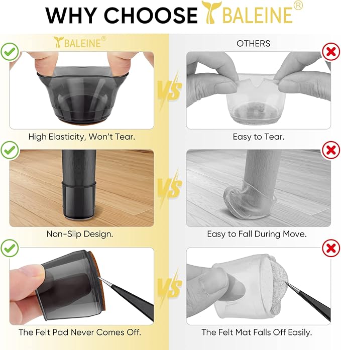 BALEINE 32 Pack Silicone Chair Leg Floor Protectors, Stool Leg Protectors Cap, Non-Slip Chair Leg Caps for Hardwood Floors (Black & Small, 32 Pack, XL)