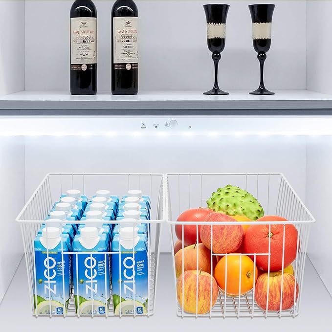 Wire Storage Baskets, Upright Freezer Organizer Bins - 3 Pack Freezer Baskets, Pantry Baskets For Kitchen Cabinets, Pantry, Closets, Bathroom, Office, White