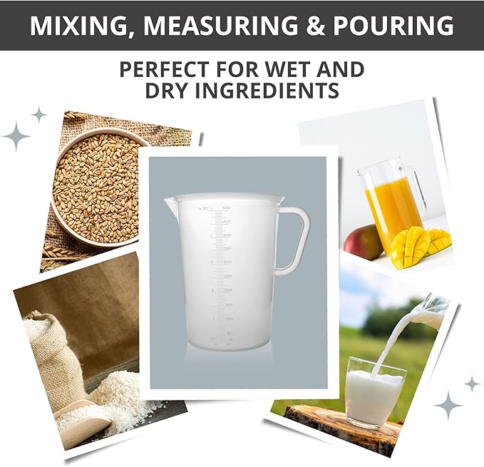Plastic Graduated Measuring and Mixing Pitcher - 5000ml Plastic Graduated Measuring Pitcher - Soap Making Supplies for Easy Pouring & Accurate Measurements, With Handle & Pour Spout, 5 Liter