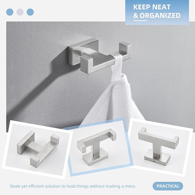Angle Simple Towel Hook for Bathroom, SUS 304 Stainless Steel Double Robe Coat Hook, Hand Towel Hanger Wall Mount, Brushed Nickel