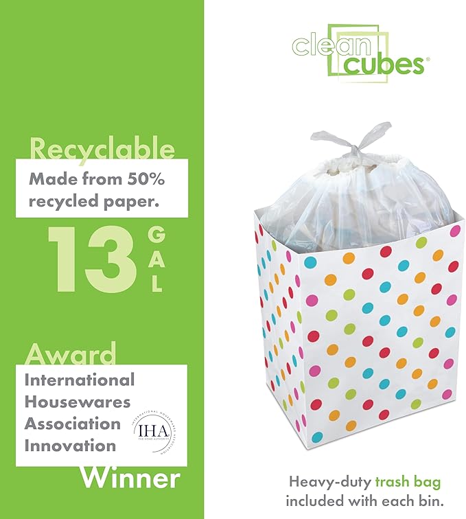 13 Gallon Disposable Pop-Up Trash Cans (6-Pack) with Fitted Bags – Foldable Garbage & Recycling Bins for Parties, Events & Kitchen (Polka Dot, 17" H x 13.5" W x 10" D)