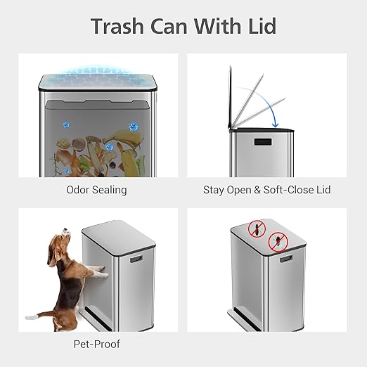 GarveeHome 60L/16 Gal Kitchen Trash Can,2×8 Gal Pedal Trash Bin with Removable Baskets,Stainless Steel Garbage Can for Kitchen Office Restaurant School Hospital