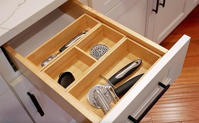 Umilife Drawer Organizer Storage Boxes, 2.5" High Bamboo Drawer Dividers, 3 Rearrangeable Bins for Kitchen, Office Desktop, Clothing, Makeup, vanity, Jewelry