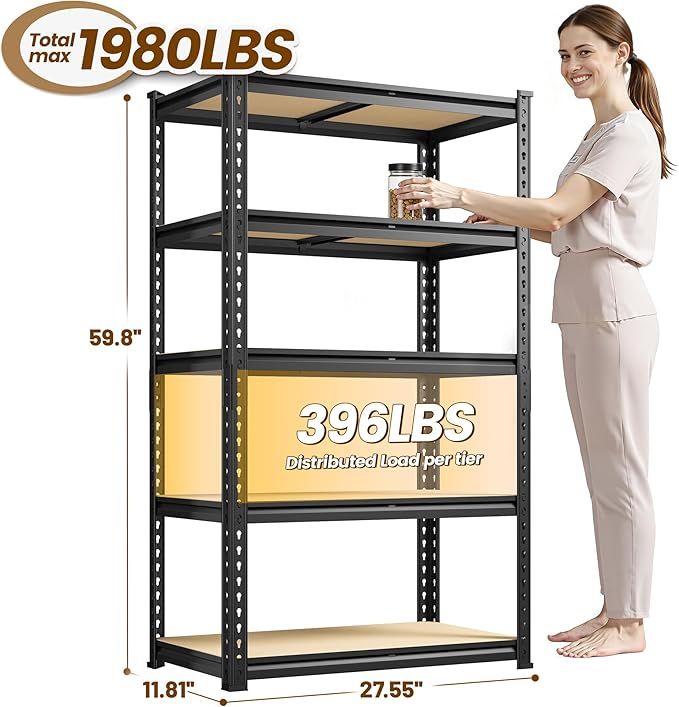 1980LBS Storage Shelves, 5-Tier Adjustable Pantry Shelves, Metal Shelving Unit for Kitchen, Pantry, Closet, Laundry, Garage, 59.8" H x 27.55" W x 11.81" D
