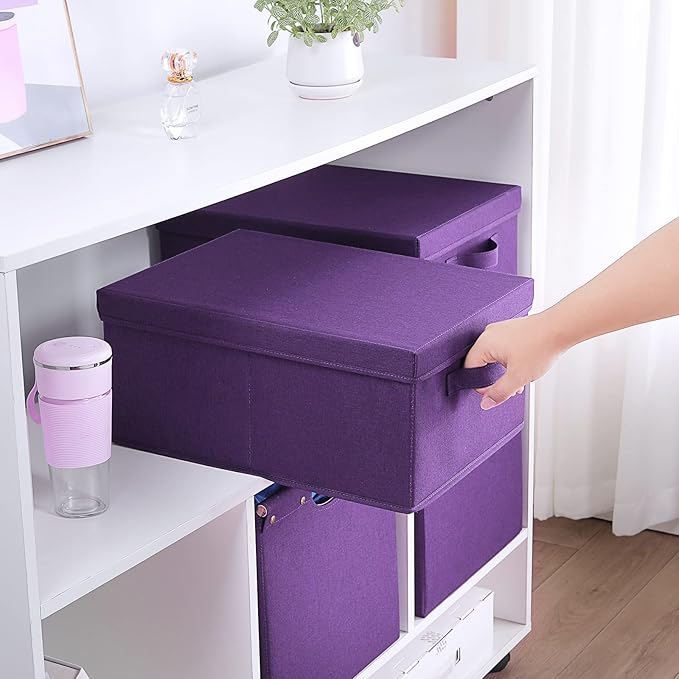 HOONEX Storage Bins with Lids for Organizing, Pack of 2, Storage Boxes with 2 Carry Handles and Sturdy Heavy Cardboard, 16.5" L x 11.8" W x 7.5" H for Shoes, Books, Clothes, Nursery, Dark Purple