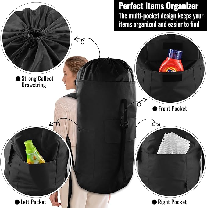 Laundry Bag Backpack, 125L, Extra Large with Shoulder Straps, Adjustable & Extendable Design, Hamper 3 Pockets for Laundromat, College, Travel, Camping