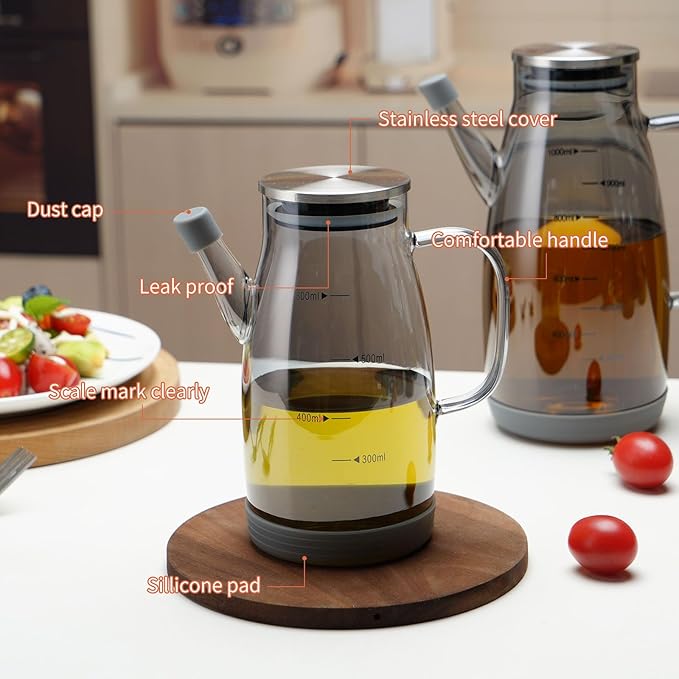 Large Glass Oil Dispenser Bottle for Kitchen Cooking Recipiente Para Aceite De Cocina Olive Oil Vinegar Dispenser Cruet Stainless Steel Lid No Drip Liquid Container (Grey, 27oz / 800ml)