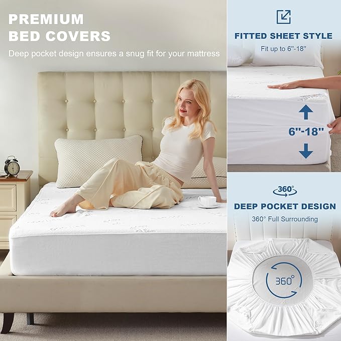 Waterproof Queen Size Mattress Protector, Mattress Pad Fitted 6"-18" Deep Pocket, 3D Air Fabric Bed Mattress Cover Noiseless Washable for Bedroom, Hotel