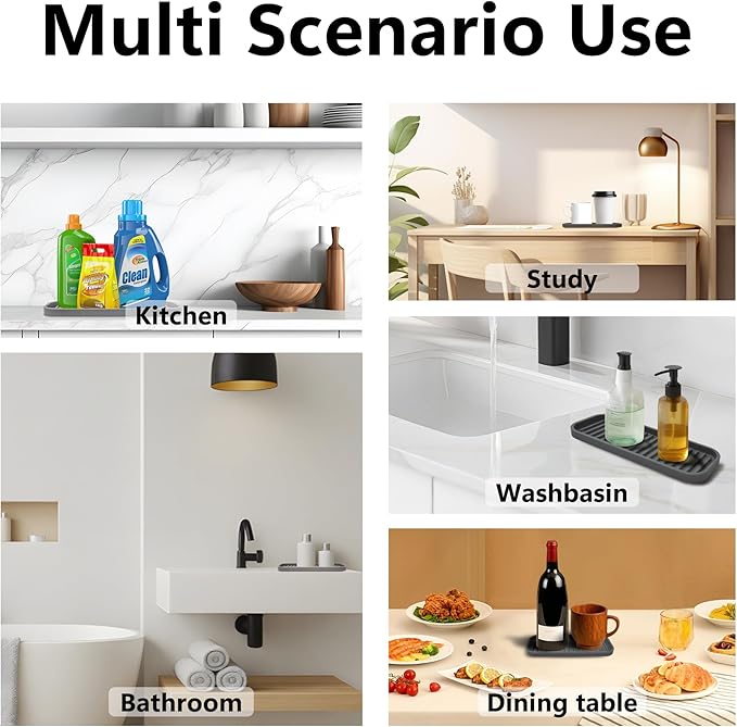 Silicone Sponge Holder Kitchen Sink Organizer Tray Dish Caddy Soap Dispenser, Scrubber Spoon Holder, Dishwashing Accessories (Black, 2 Pack)