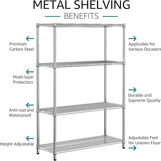 IZEUK 3400 LBS Garage Shelving Wide Storage Shelves 4 Tier Metal Shelves Heavy Duty Adjustable Utility Shelf Rack Chrome 17.7" D x 47.2" W x 70.4" H