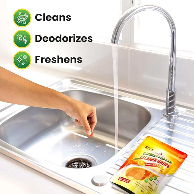 Bastion Garbage Disposal Cleaner and Deodorizer Drops- [[50-Count]] Orange Zest Scented Kitchen Sink Freshener Pods & Drain Odor Eliminator Disposer Care Balls
