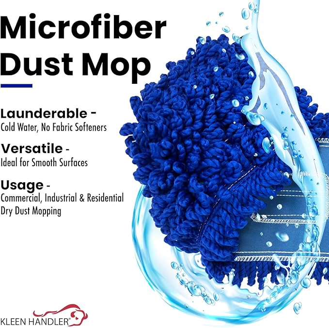 KLEEN HANDLER 18 Inch Microfiber Dust Mop Bulk Pack of 12, Large Washable Commercial Mop Head Replacement, Sweeper, Janitorial Supplies, Blue