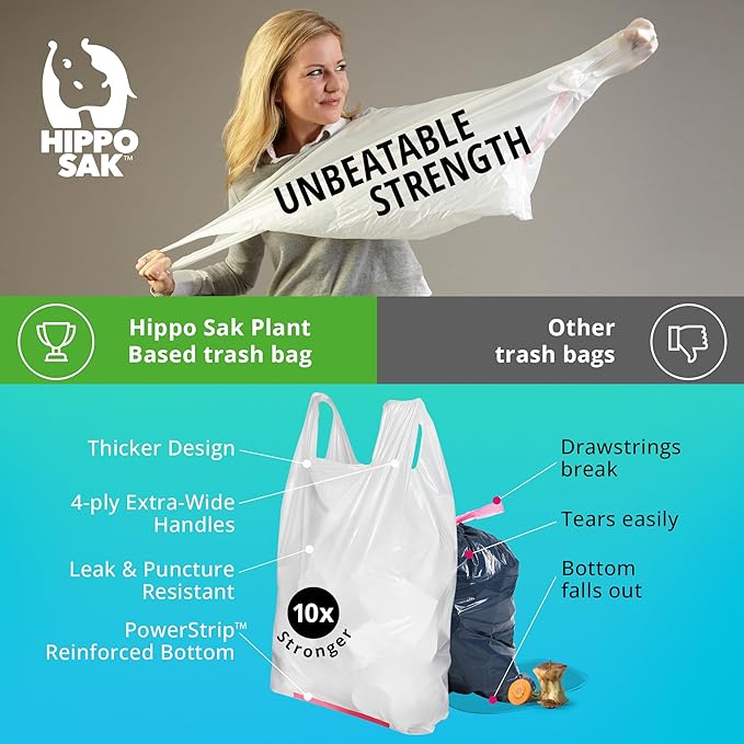 Hippo Sak - Plant Based Tall Kitchen Garbage Bags with Ergonomic Handles - 13 Gallon Trash Bags - Recyclable & Eco Friendly - Super Strong and Leak Proof Tall Kitchen Trash Bags (90 Count)