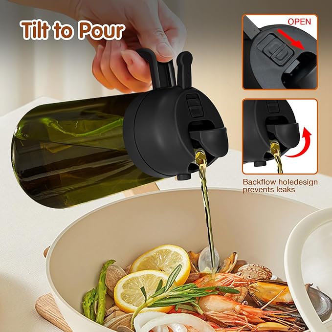 YARRAMATE 16oz/470ml Light-Blocking Dark Oil Sprayer for Cooking, 2 in 1 Olive Oil Dispenser Bottle for Kitchen, Premium Dark Green Glass Oil Bottle, Food-Grade Oil Mister for Air Fryer, BBQ (Black)