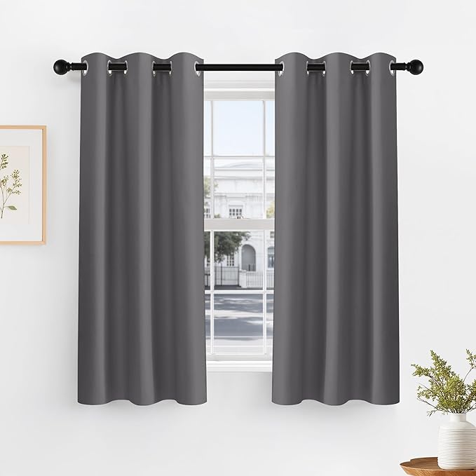 PONY DANCE Grey Short Blackout Curtains for Kitchen 45 Inch Length, Thermal Insulated Grommet Curtains for Bedroom, Black Out Drapes for Bathroom Small Window (2 Panels Set, 34 inches Wide)