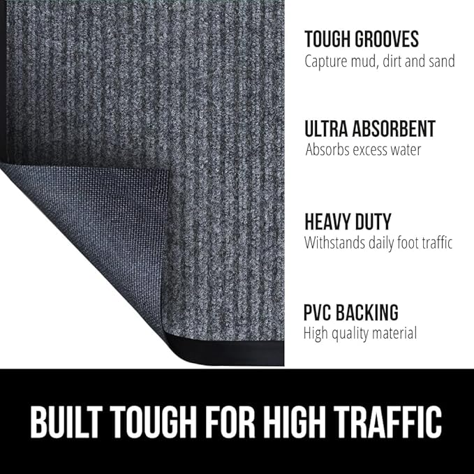 GORILLA GRIP Traffic Guard Door Mat, Heavy Duty Welcome Mats, Commercial Office Space Doormat, Waterproof, Fade Resistant, Strong Rubber Backing, Low Profile, Shoe and Boot Scraper, 29x17, Gray