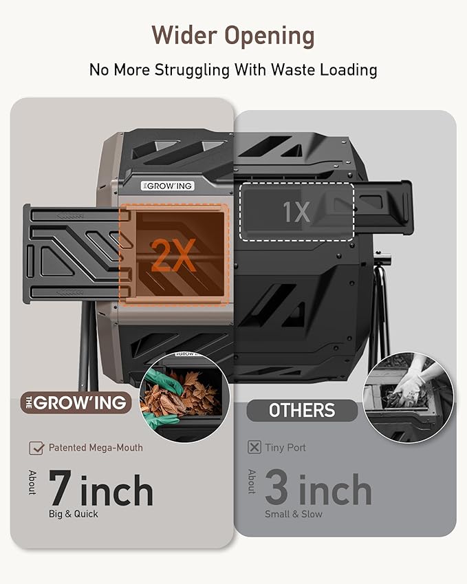 THEGROW'ING Updated 43 Gallon Compost Bin Outdoor, Fast Assemble Tumbling Composter, Dual Chamber Composter Tumbler, Rotating Compost Bin for Outside, Backyard, Garden and Yard, Coffee