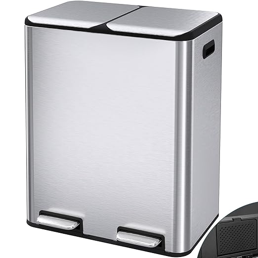 Arlopu 16Gal Dual Trash Can w/2 Built-in Box for Odor Control, Hands-Free Kitchen Garbage Bin, Recycle Waste Dustbin, Soft-Close Lid, 2 Buckets,Foot Pedal, Side Handle, Airtight,for Home Office