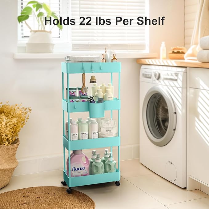 Pipishell Slim Storage Cart with Wheels, 4 Tier Bathroom Storage Organizer Rolling Utility Cart for Bathroom Kitchen Laundry Room Office Narrow Place (Turquoise)