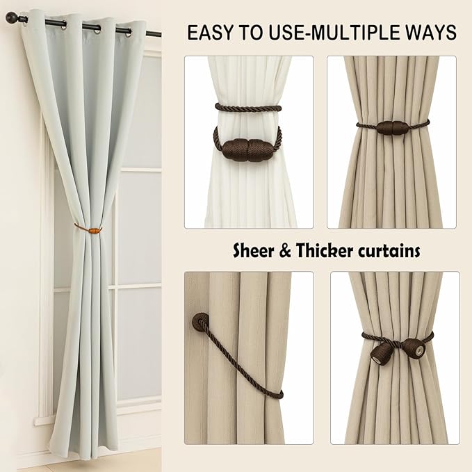 Magnetic Curtain Tiebacks Rope Curtain Tie Backs for Curtains 2 Pack Curtain Holders for Drapes Decorative Window Curtain Holdbacks, Coffee