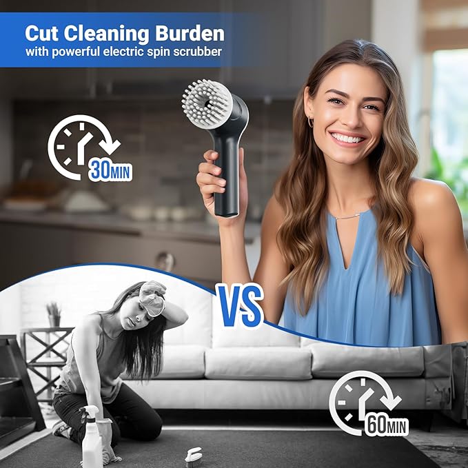 Electric Spin Scrubber, Cordless Shower Scrubber with Battery Level Display, 2 Speeds Electric Scrubber for Cleaning with 6 Replaceable Heads, Cleaning Brush for Bathroom/Sink/Window (Gray)
