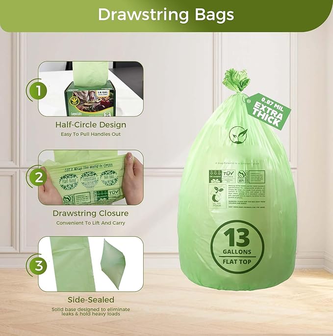 13 Gallon Compostable Trash Bags with Flat-Top, Thick 0.87 Mil, 49.21 Liter, 50 Bags, Tall Kitchen Food Scrap Waste Bag, ASTM D6400, US BPI and OK Compost Home Certified
