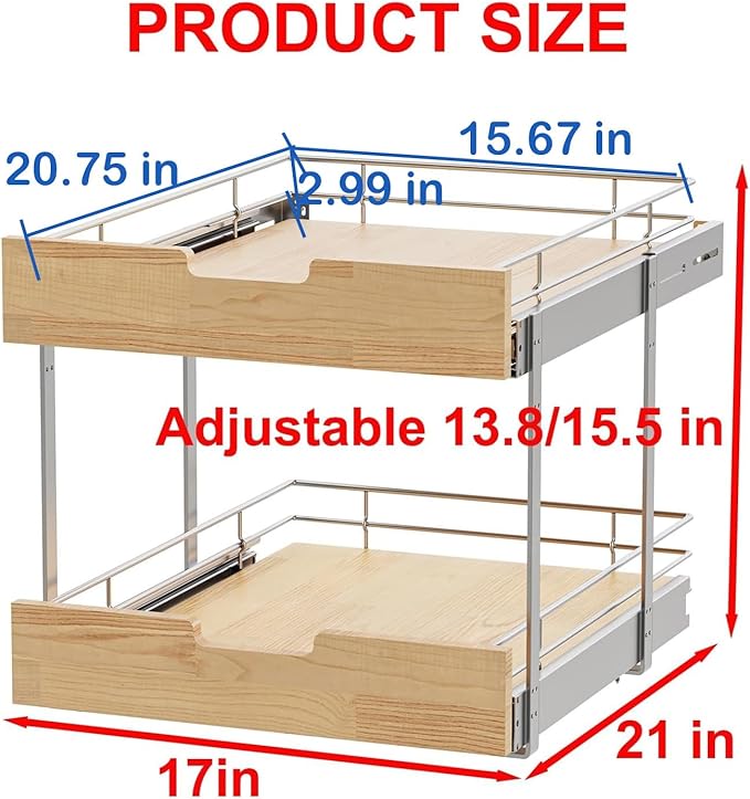 Pull Out Cabinet Organizer,Heavy-Duty Slide Out Shelf, Wood and Wire Basket, Pull Out Drawer for for Kitchen Under Sink Space, Pantry, Bathroom, 2 Tie 17 * 21 in