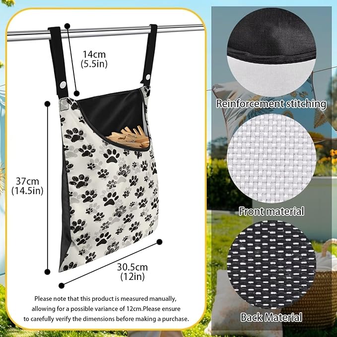 Dog Paw Print Clothespin Bag with Hanging Hook Summer Laundry Clothes Pin Holder Waterproof Clothes Pin Hanging Bag Clothespin Storage Organizer with Large Opening