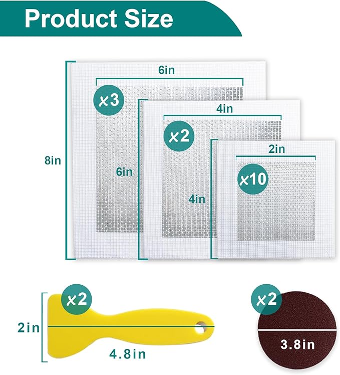 19 Pack Drywall Repair Kit for Large Holes, 2/4/6/8 Inch Dry Wall Patch Kits for Erase a Small Nail Hole, Plaster Wall Patching Self Adhesive Aluminum Mesh with Scraper and Sandpaper
