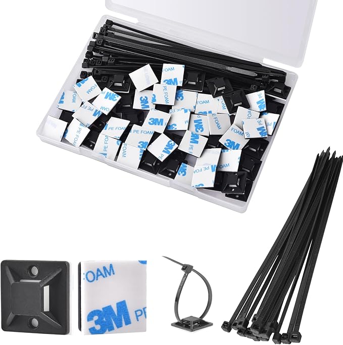 Strong Back-Glue Self Adhesive Cable Zip Tie Mounts Kit - 100 Set Cable Management Clips with 6" Zip Ties, Wire Holders - Outdoor Sticky Wire Organizer Clips-Black
