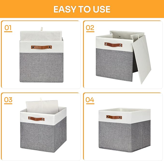 DULLEMELO Storage Cubes 13 inch, Collapsible Sturdy Cube Storage Bins With Handles for Organizing,Fabric Storage Baskets for Shelves Nursery Closet Home Organization (White&Grey-4 Pack)
