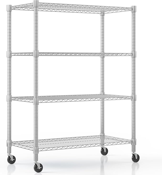 Himimi 4-Tier Heavy Duty Steel Wire Rack Storage Shelving, Adjustable Metal Storage Shelves with Wheels, 72''H Wire Shelf for Kitchen Garage Basement Pantry Organization, 18" D×36" W×72" H-Silver