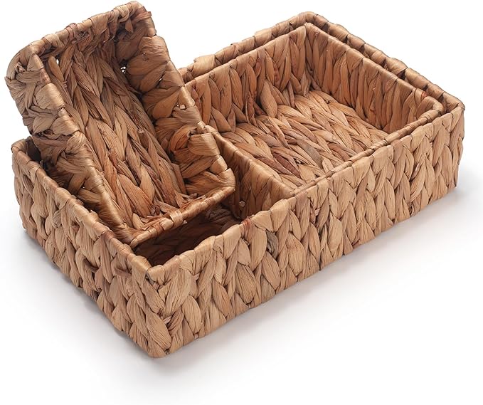 Water Hyacinth Rectangular Storage Basket for Organizing Natural Wicker Baskets for Shelves Pantry Bathroom Set of 3